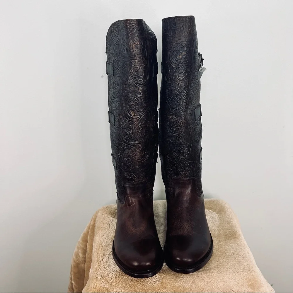 J.B. Dillon Maddie Tall Embossed Leather Harness Boots Brown Women’s 8.5B